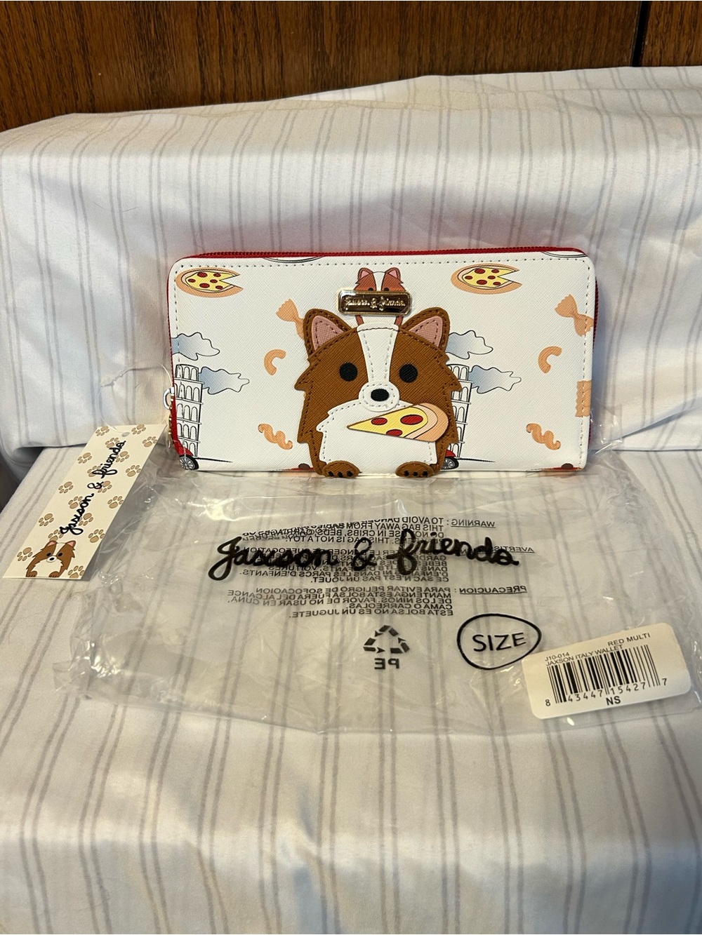 Jaxson & Friends - Pizza Corgi Zip Around Wallet - White NWT